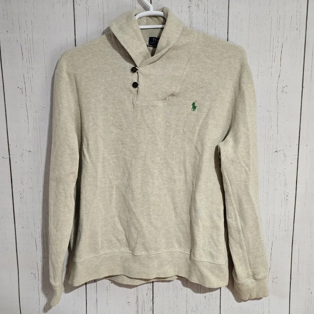 Polo Ralph Lauren Shawl Collar Sweatshirt Men XL Oatmeal Heather Green Pony Logo